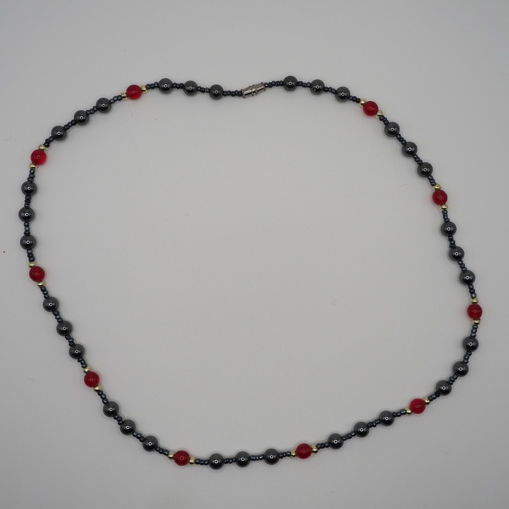 Artisan Necklace Hematite Red Glass Beaded Barrel Clasp Jewelry